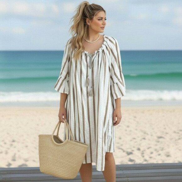 Mlle Gabrielle Dresses & Skirts - Mlle Gabrielle Cream and Tan Striped Beach Kaftan Dress